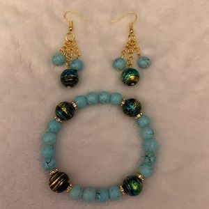 Set handmade blue/black/gold bracelet earrings